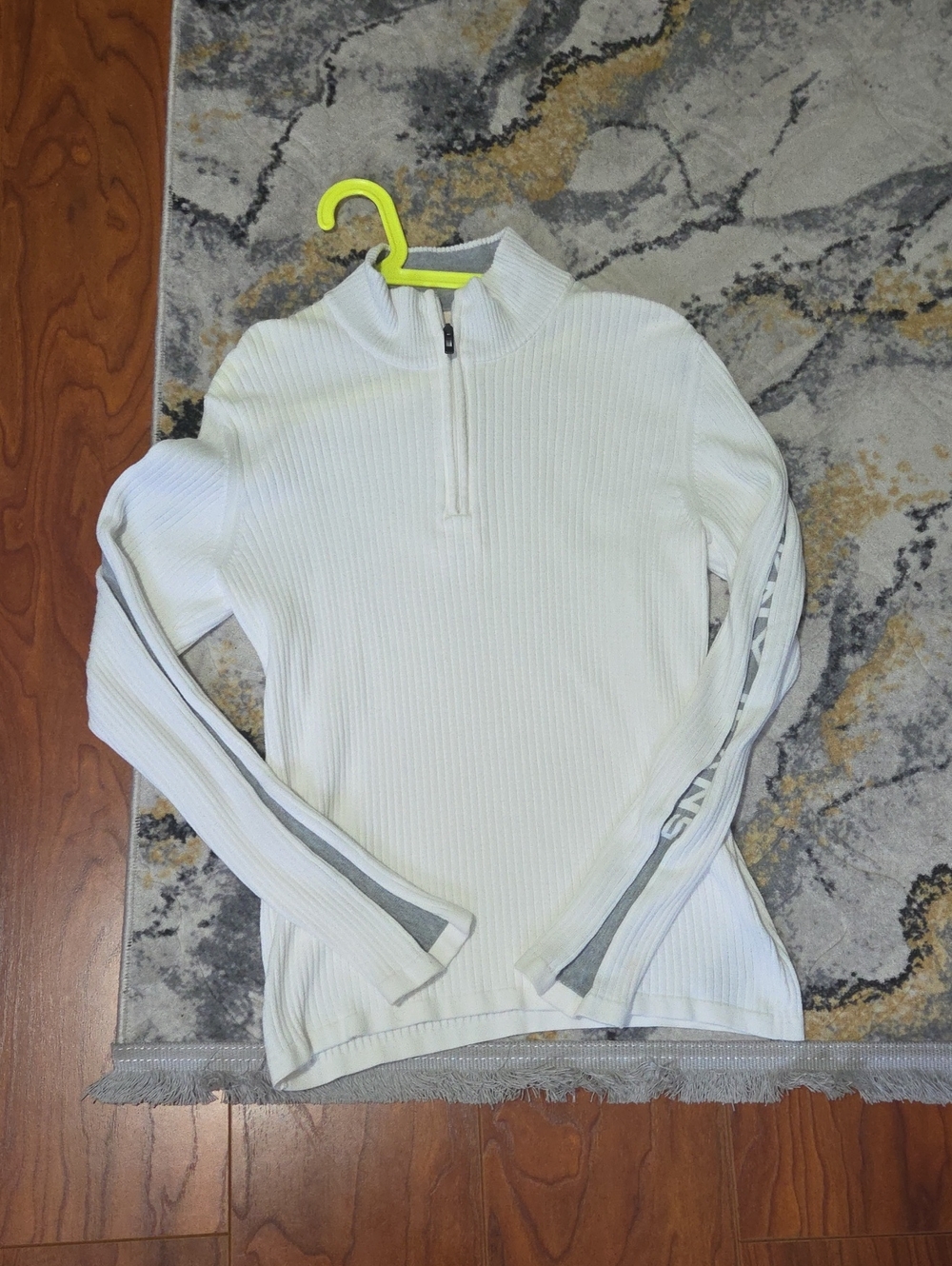 DKNY White Ribbed Half-Zip Sweater with Gray Sleeve Stripe